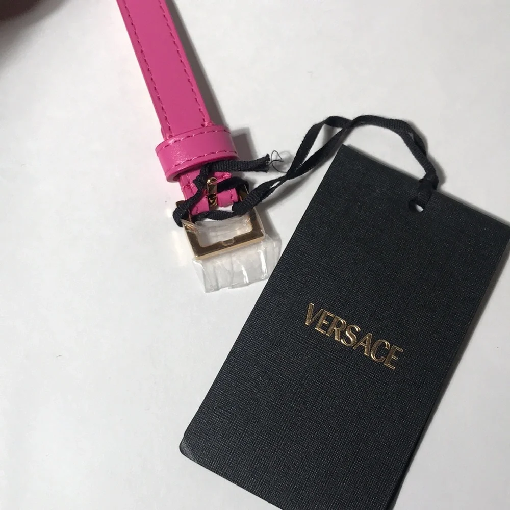 New Authentic Versace Pink Logo Leather Bracelet
